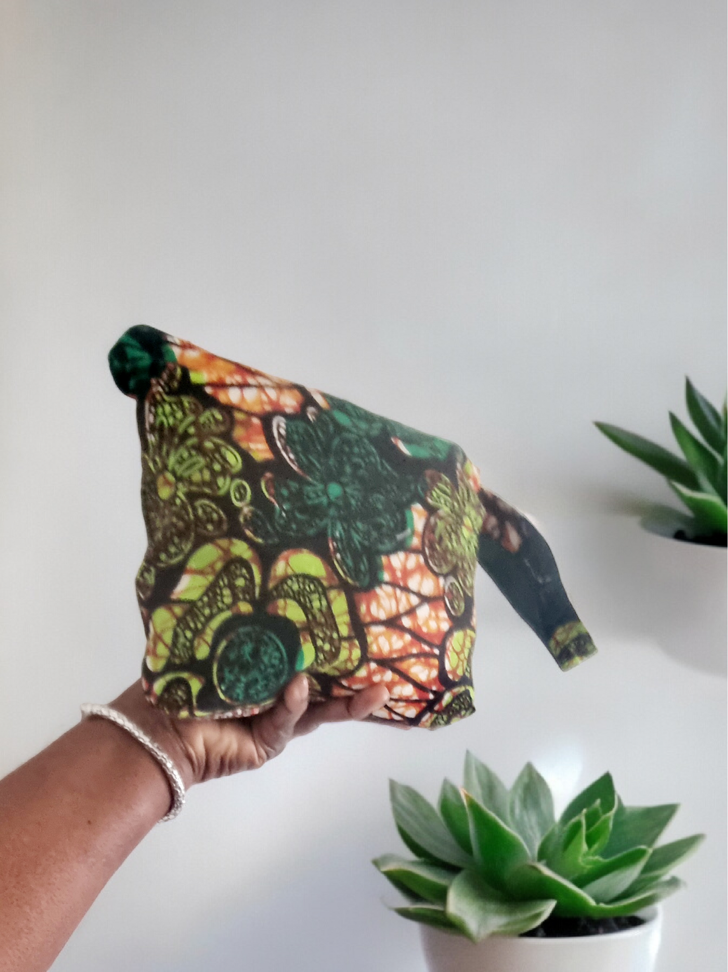 African Fabric, Lime & Green Flowers, Zipped Pouch with Carry Strap