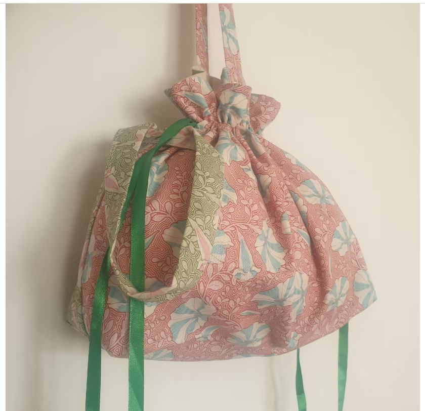 Reusable, Drawstring Day bag/travel bag/shopper bag/gift bag/project bag/craft bag. Large size. Pink & White Striped Petunia.