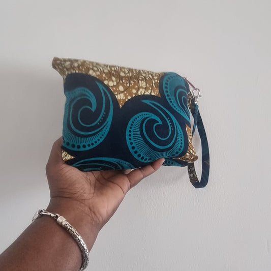 African Fabric, Swirls, Zipped Pouch with Carry Strap
