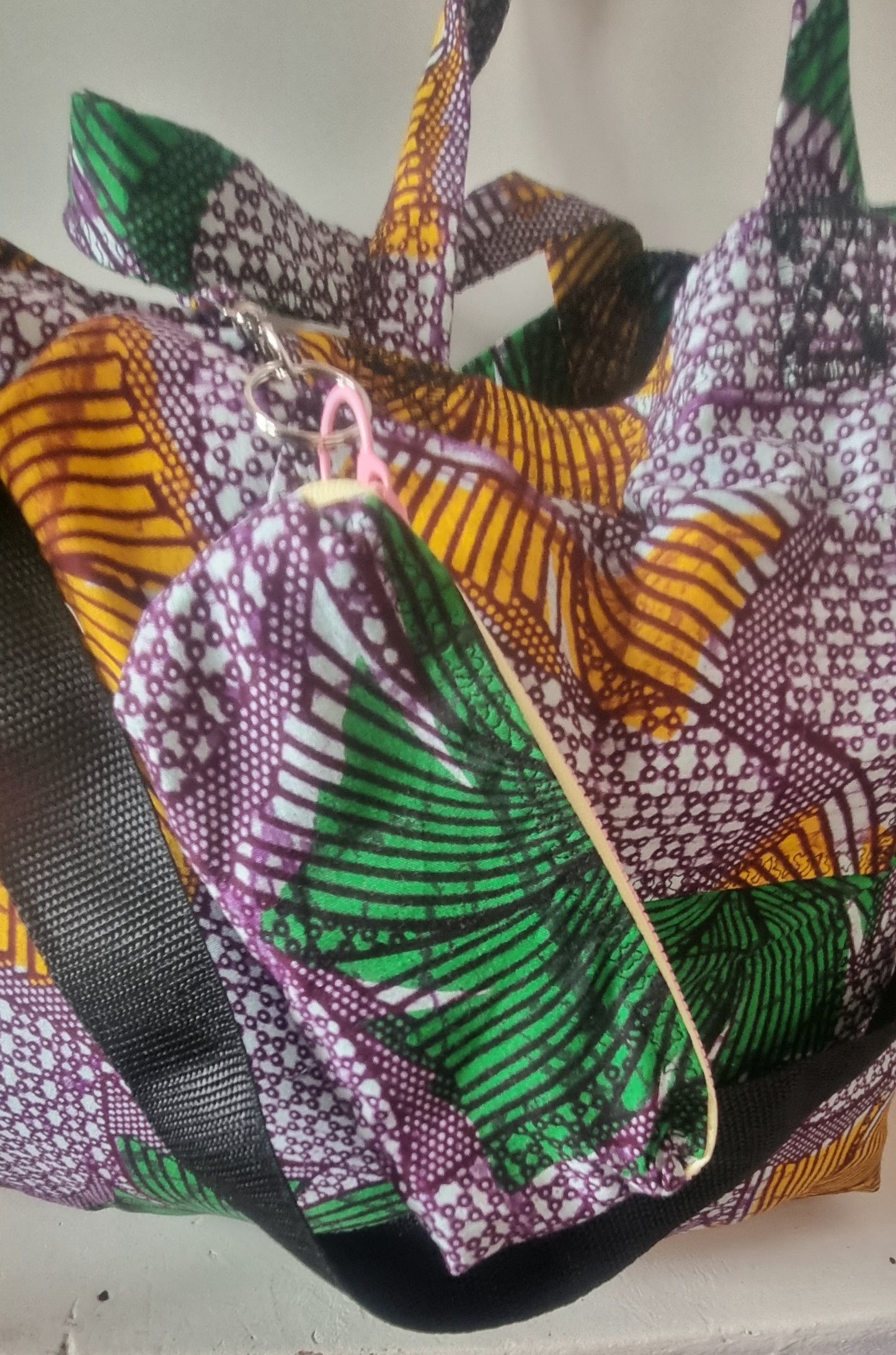 Handmade. African Print, Cotton Fabric, Fans and Dots, Reusable Market Bag