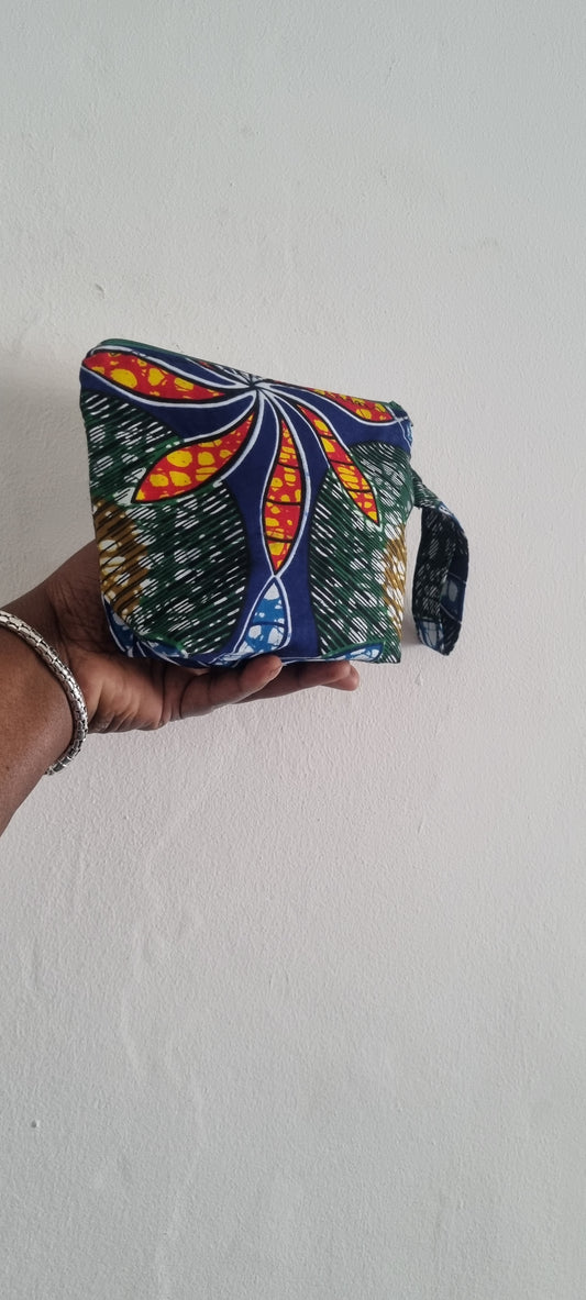 African Fabric, Large Flower, Zipped Pouch with Carry Strap