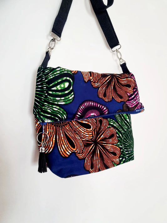 African, Cotton Fabric, Fold over, Reusable, Messenger, Crossbody, Slouch, Boho Style Bag with Braided Key Ring