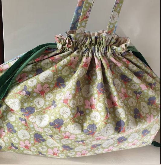 Reusable, Drawstring, Day bag/travel bag/shopper bag/gift bag/project bag/craft bag. Extra large. 2 colour Nasturtiums.