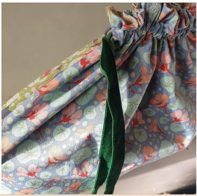 Reusable, Drawstring, Day bag/travel bag/shopper bag/gift bag/project bag/craft bag. Extra large. 2 colour Nasturtiums.