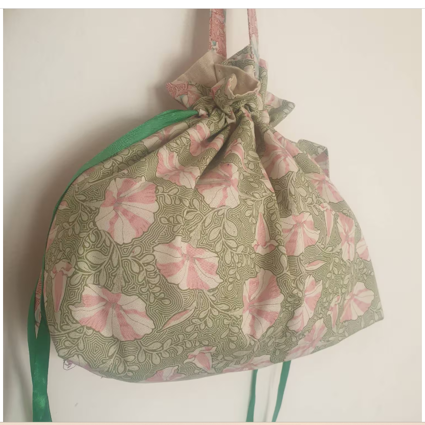 Reusable, Drawstring Day bag/travel bag/shopper bag/gift bag/project bag/craft bag. Large size. Pink & White Striped Petunia.