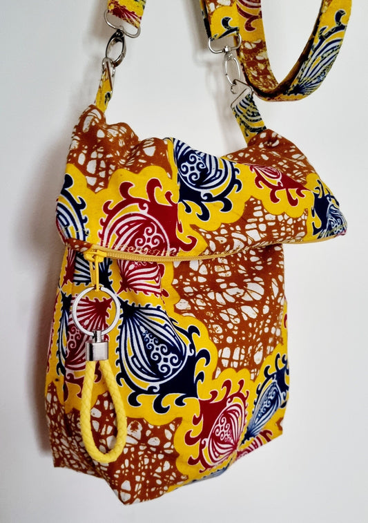 African, Cotton Fabric, Fold over, Reusable, Messenger, Crossbody, Slouch, Boho Style Bag with Braided Key Ring